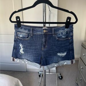 Sneak Peek Dark Blue Mid Rise Distressed Jean Shorts Medium